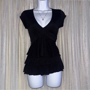 Black Tiered Ruffle V-Neck Women's Top